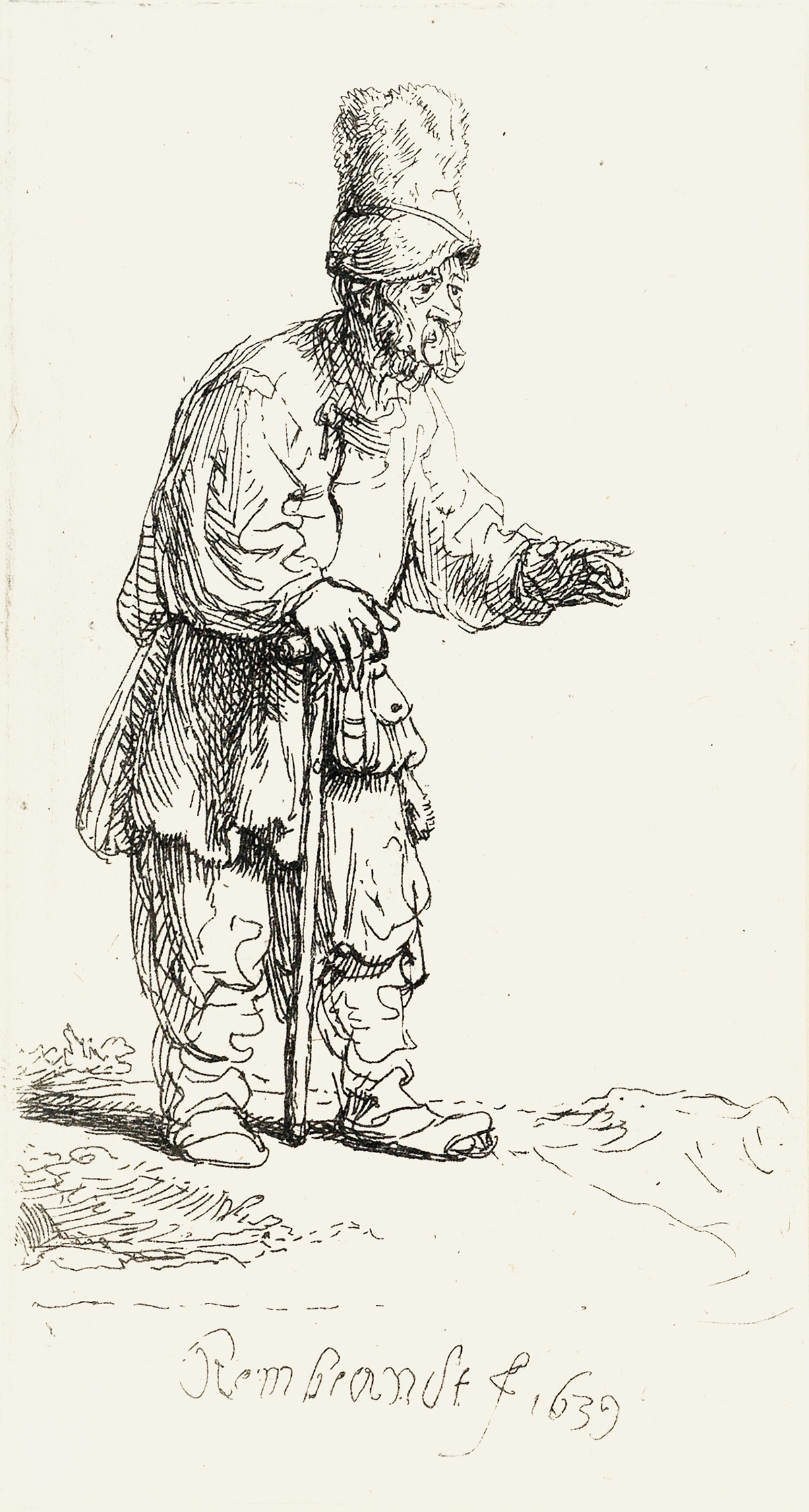 REMBRANDT VAN RIJN A Peasant in a High Cap, Standing Leaning on a Stick.